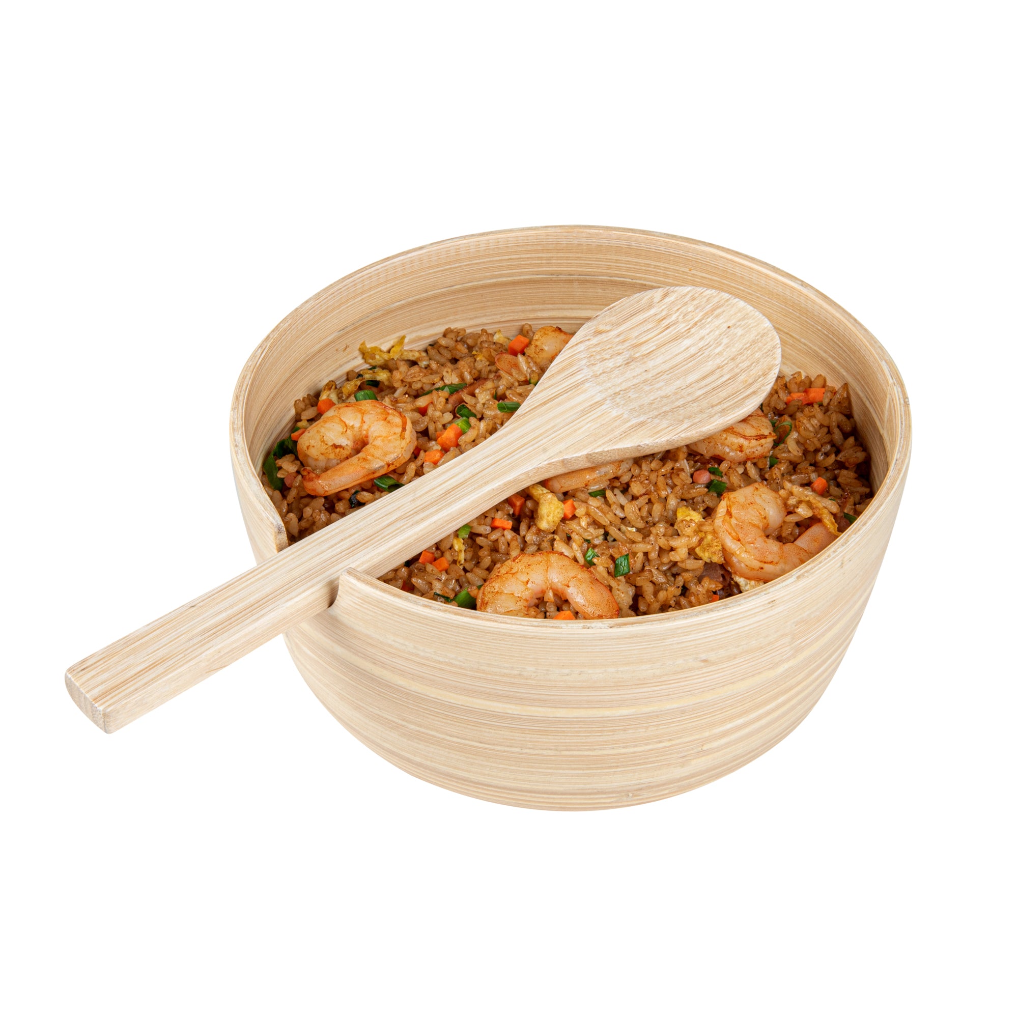 Bambuddha 25 oz Round Natural Spun Bamboo Serving Bowl - with Serving Spoon - 7 3/4" x 7 3/4" x 4" - 10 count box