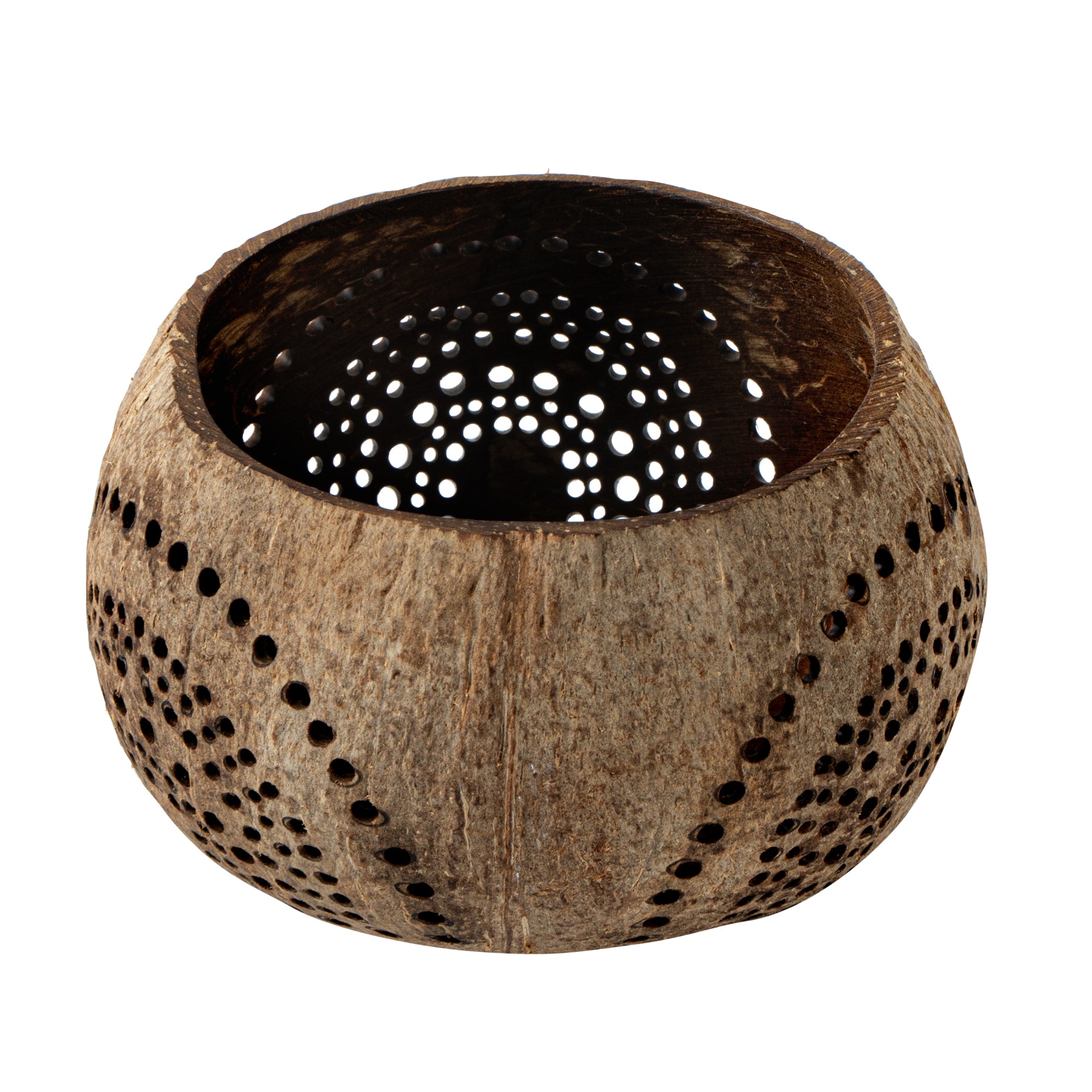 Coco Casa Tan Handmade Coconut Shell Candle Holder - Rainbow Pattern - 4" x 4" x 3 1/4" - 10 count box