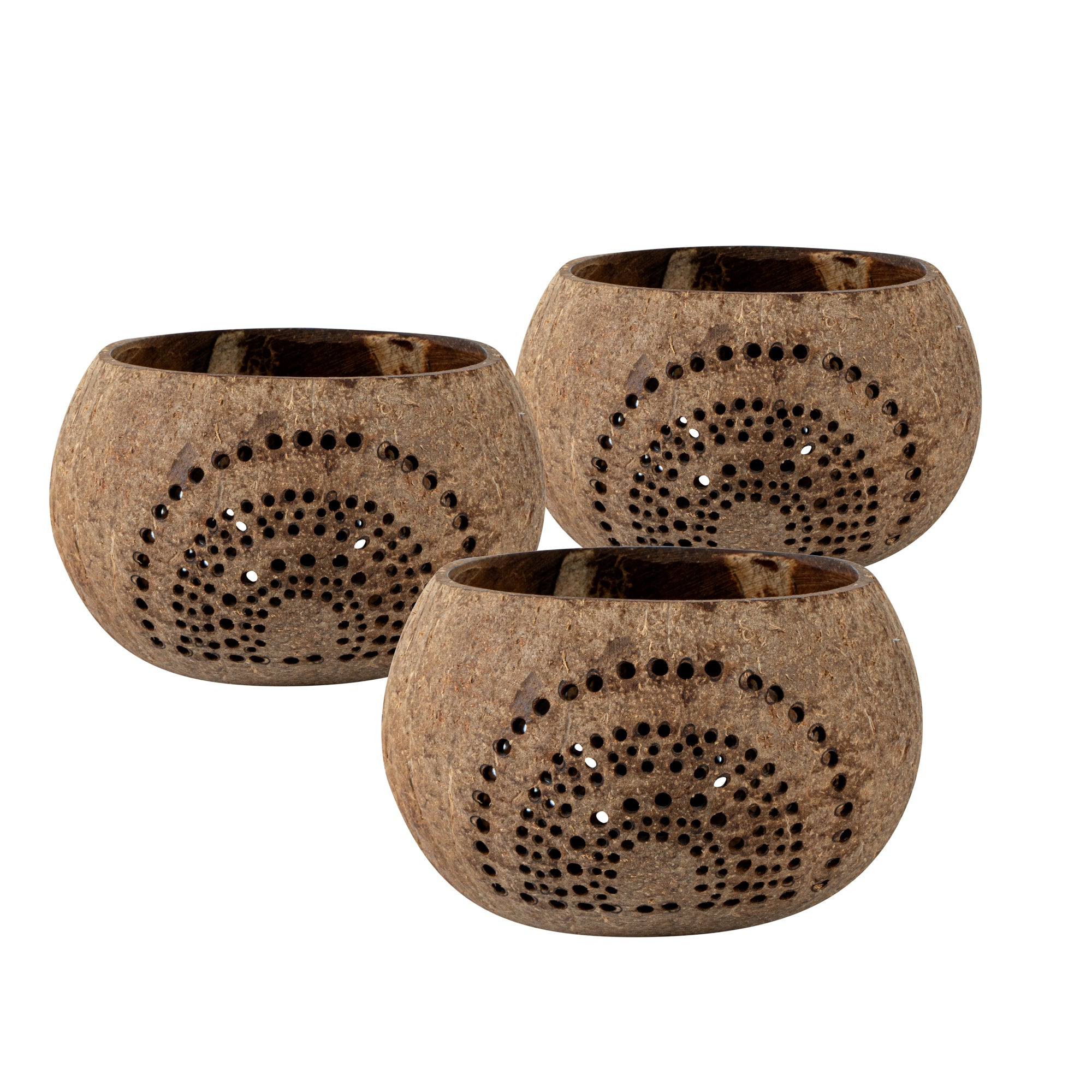 Coco Casa Tan Handmade Coconut Shell Candle Holder - Rainbow Pattern - 4" x 4" x 3 1/4" - 10 count box