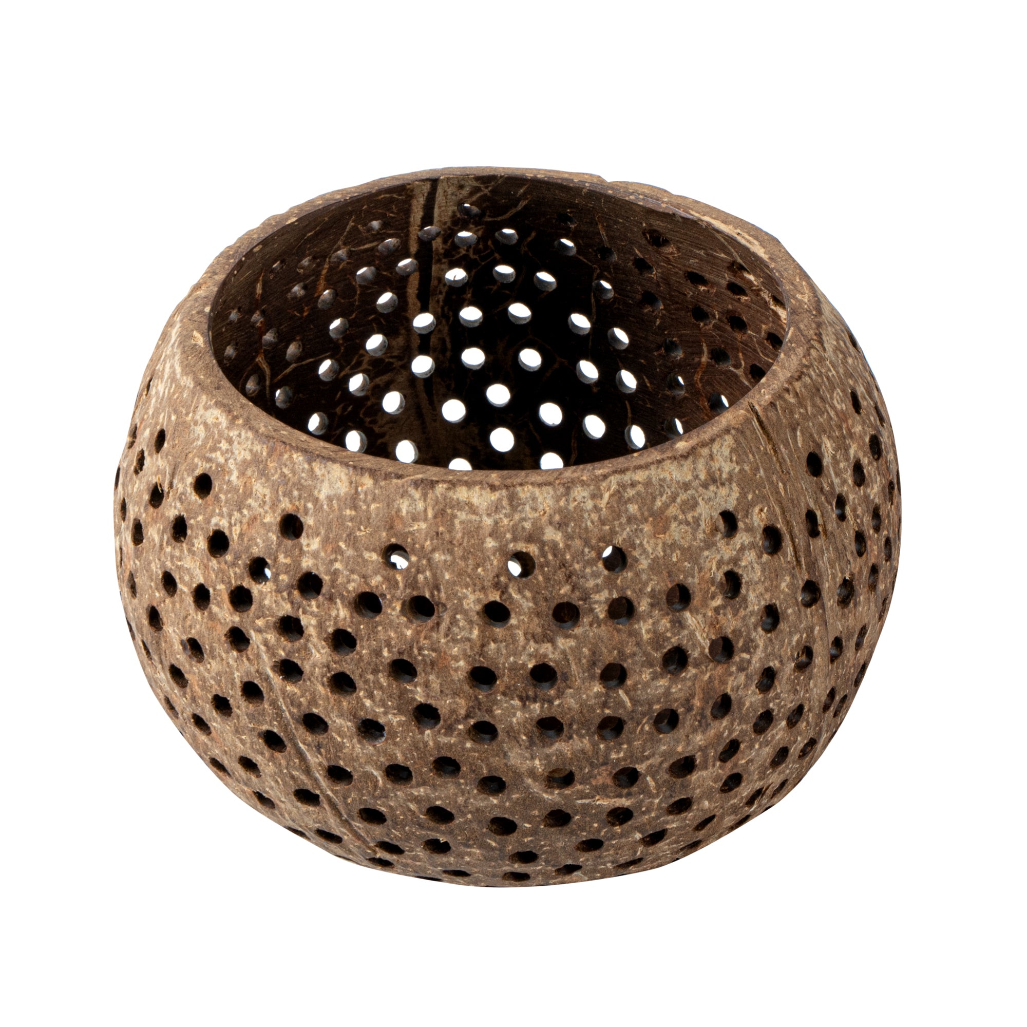 Coco Casa Tan Handmade Coconut Shell Candle Holder - Dotted Pattern - 4" x 4" x 3 1/4" - 10 count box