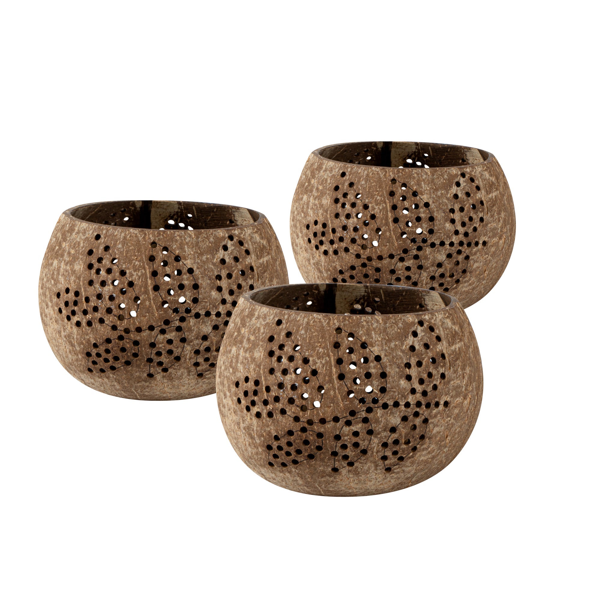 Coco Casa Brown Handmade Coconut Shell Candle Holder - Leaf Pattern - 4" x 4" x 3 1/4" - 10 count box