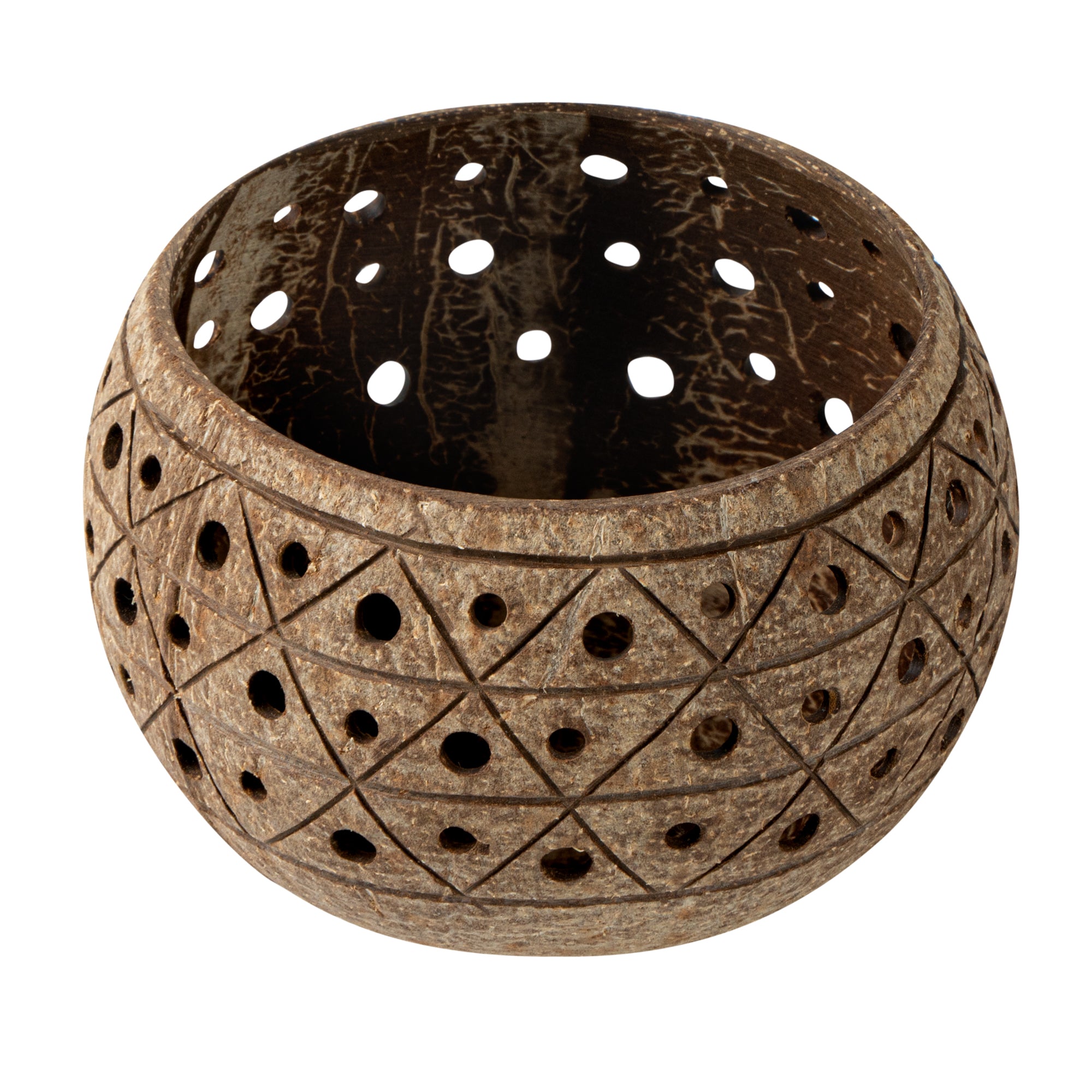 Coco Casa Tan Handmade Coconut Shell Candle Holder - Geometric Pattern - 4" x 4" x 3 1/4" - 10 count box