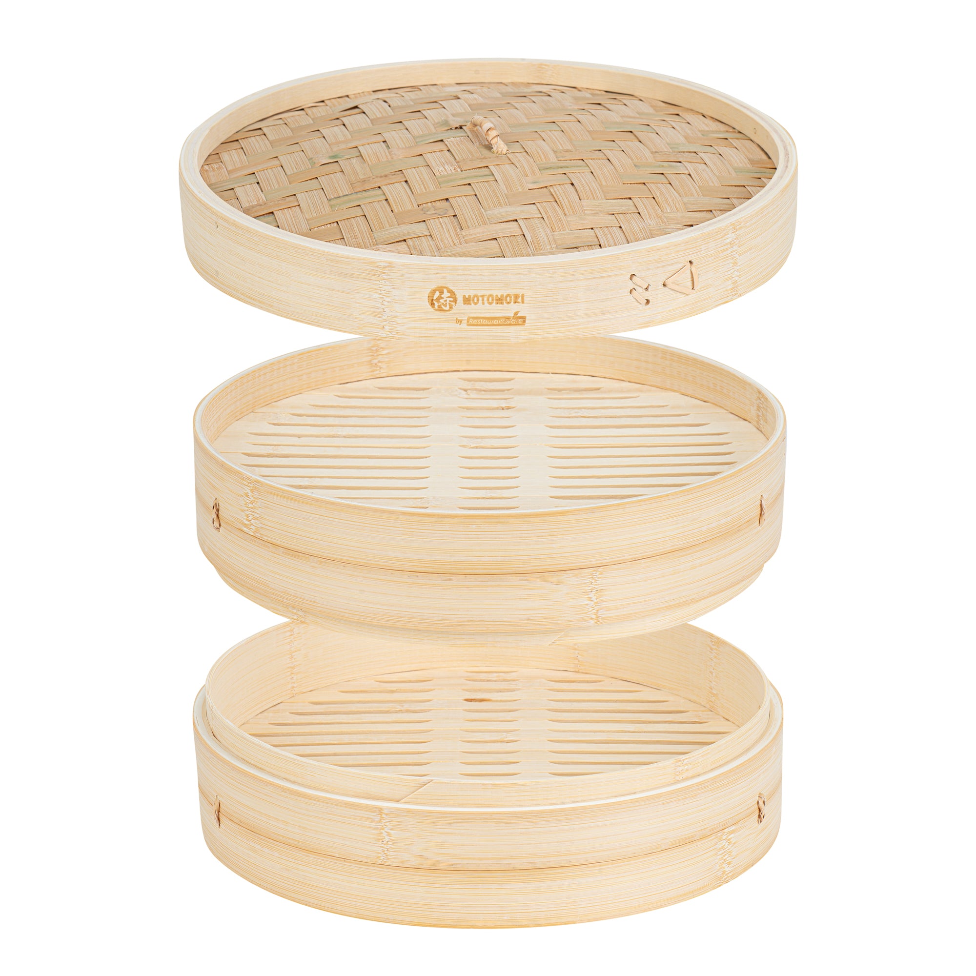 Motomori Round Natural Bamboo Steamer - 12'' x 12'' x 4'' - 10 count box