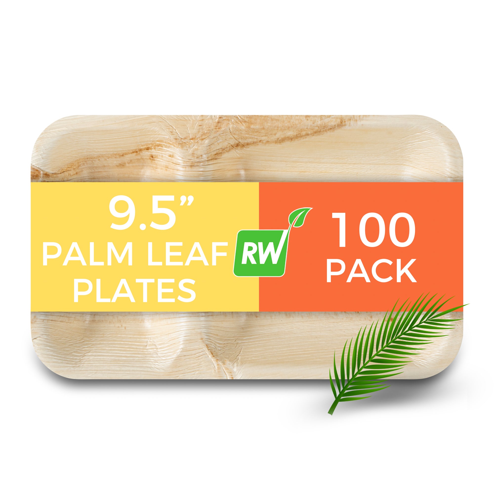 Indo Rectangle Natural Palm Leaf Plate - 2 Compartments - 9 1/2" x 6" x 1 1/4" - 100 count box