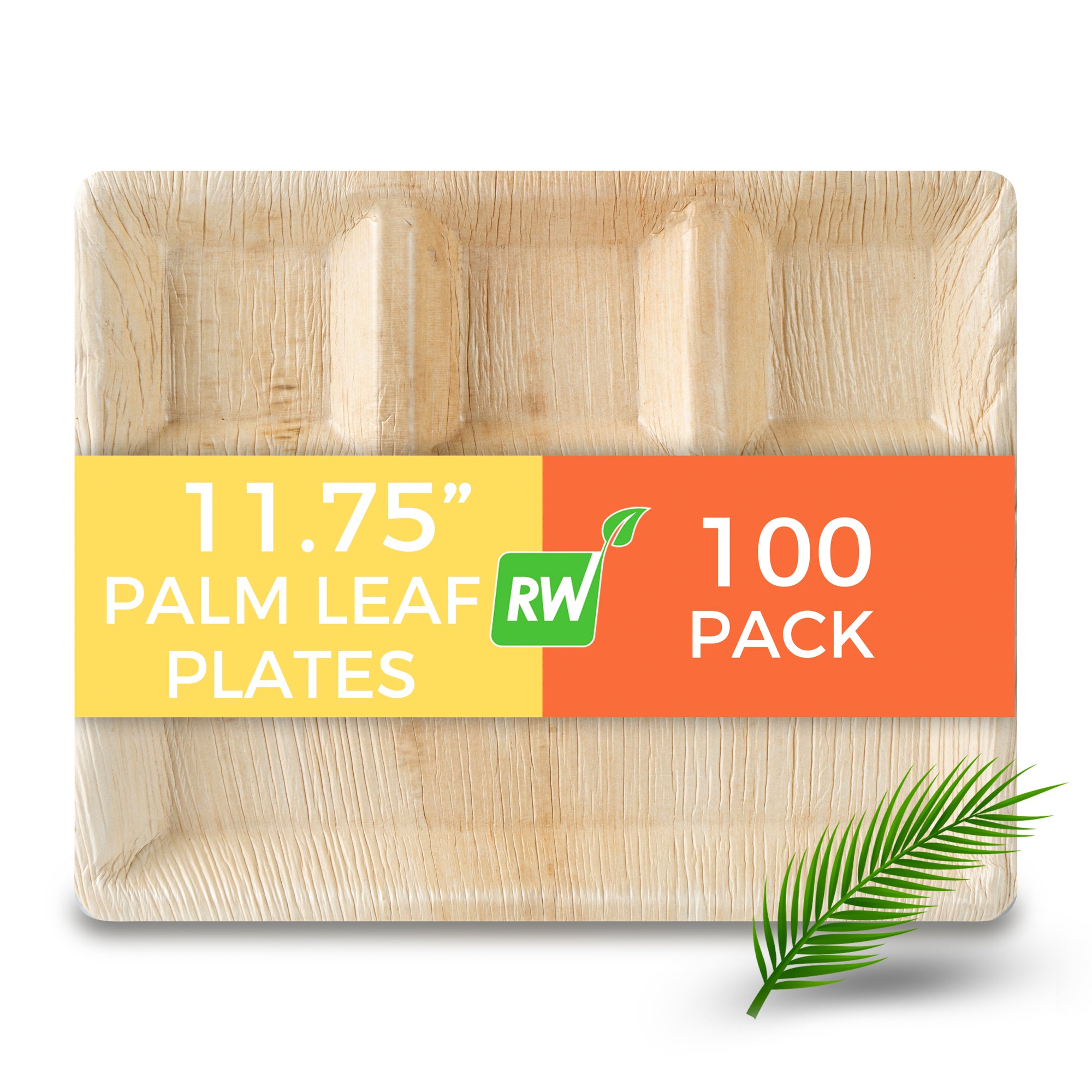 Indo Rectangle Natural Palm Leaf Plate - 4 Compartments - 11 3/4" x 9 1/2" x 1" - 100 count box