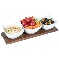 15 oz Rectangle White Porcelain Cocktail Bowl Set - 3 Bowls, Bamboo Tray - 12