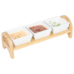 21 oz Rectangle White Porcelain Kova Bowl Set - 3 Bowls, Bamboo Tray - 12