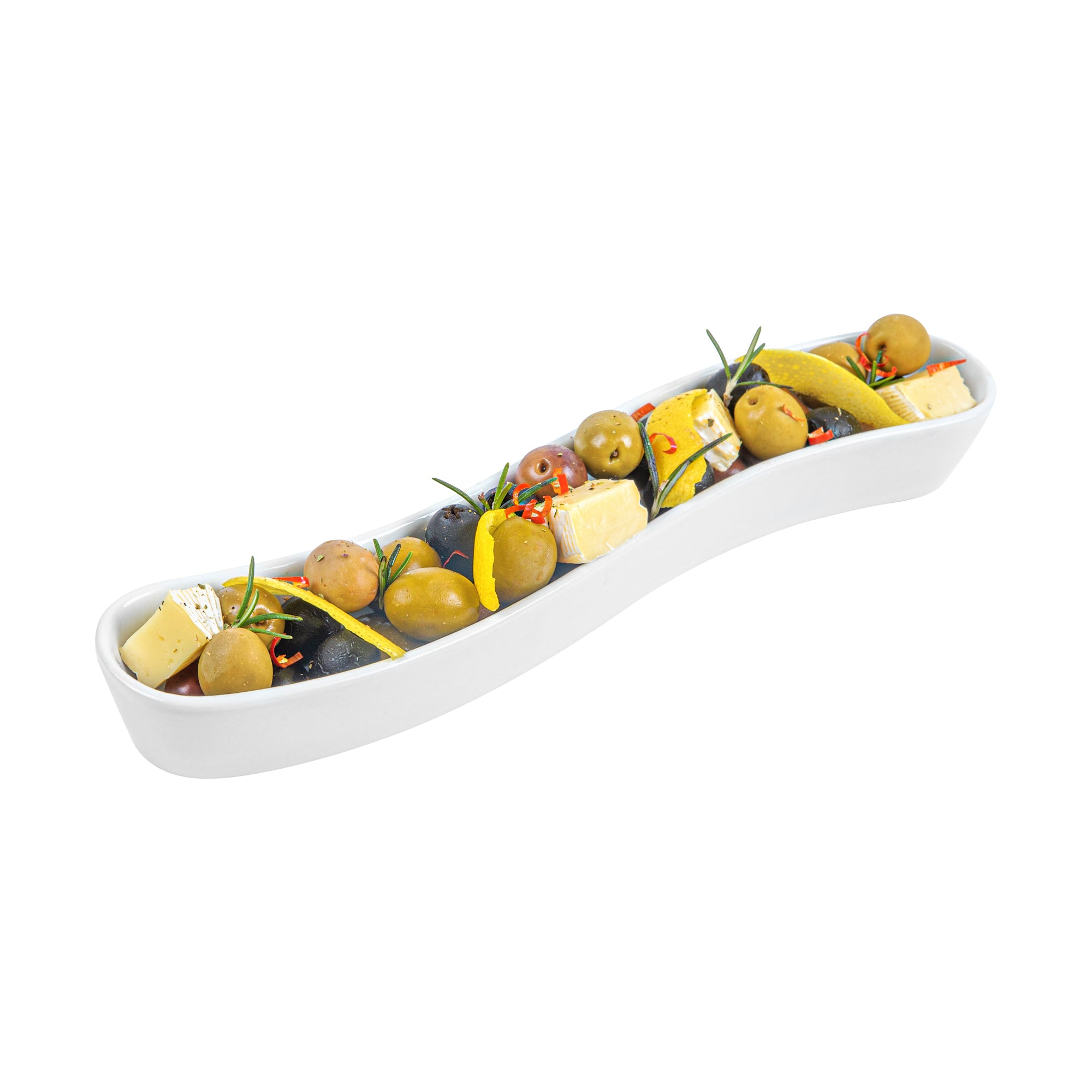 Swerve 10 oz Curved White Porcelain Olive Plate - 12" x 2 1/2" x 1 1/2" - 1 count box