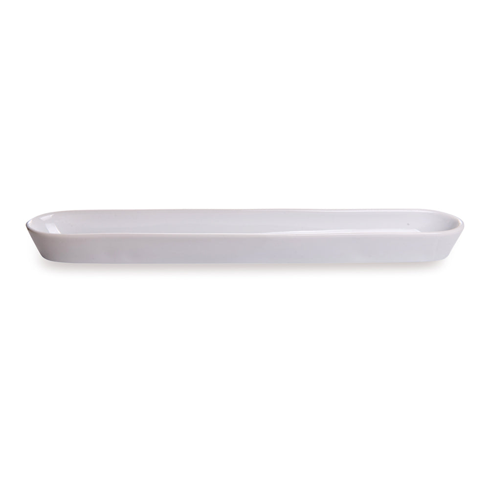 Siluro 14 oz White Porcelain Olive Plate - 16 1/4" x 2 1/4" x 1 1/2" - 1 count box