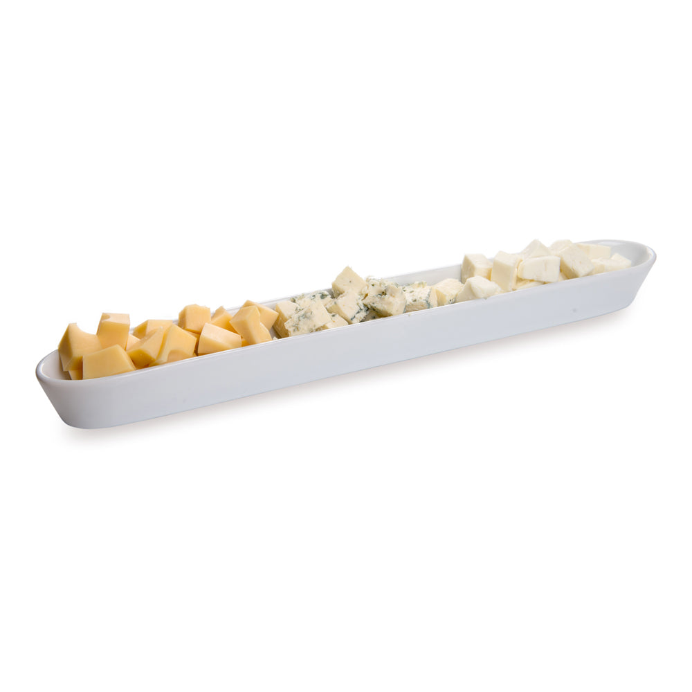 Siluro 10 oz White Porcelain Olive Plate - 12" x 1 1/2" x 1" - 1 count box