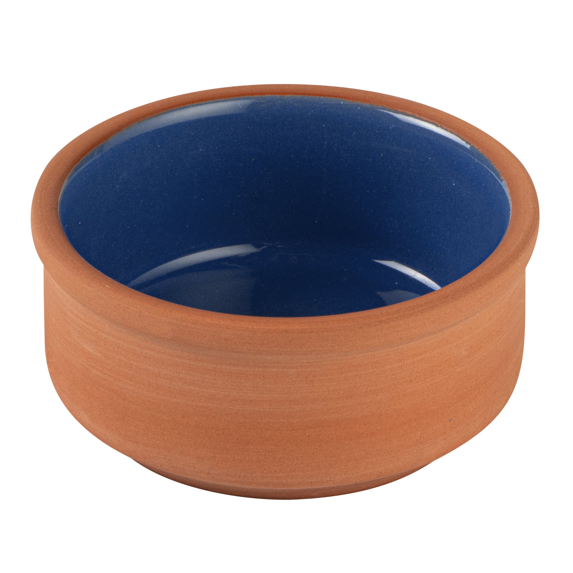 Terra Tek 3 oz Terracotta Cazuela Bowl - Blue Glazed Interior, Oven-Safe, Microwave-Safe - 3 1/4'' x 3 1/4'' x 1 1/2'' - 10 count box