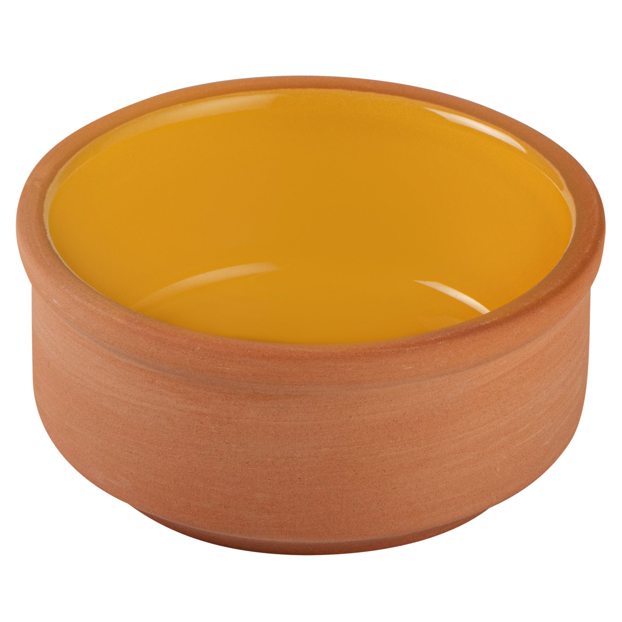 Terra Tek 3 oz Terracotta Cazuela Bowl - Yellow Glazed Interior, Oven-Safe, Microwave-Safe - 3 1/4'' x 3 1/4'' x 1 1/2'' - 10 count box