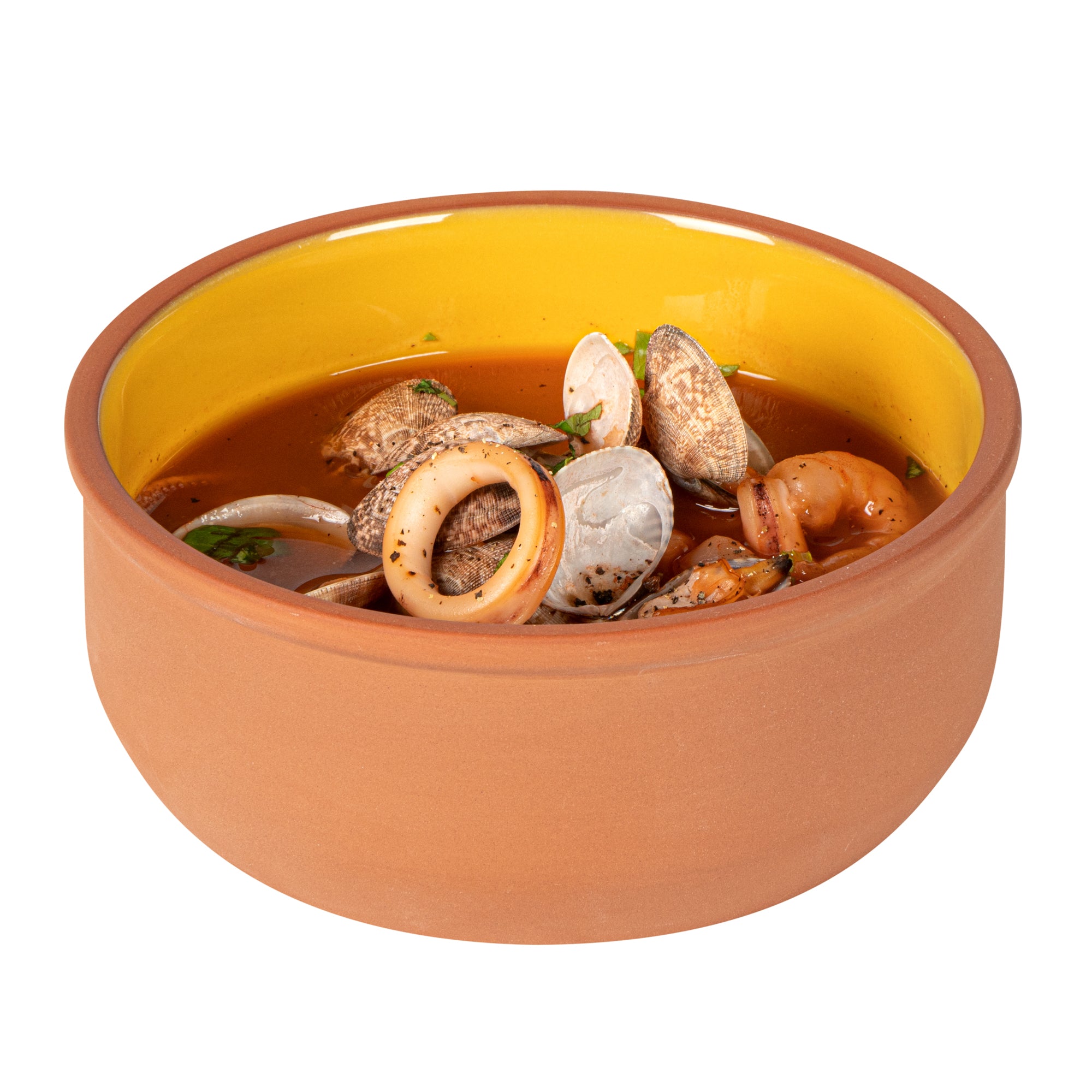 Terra Tek 27 oz Terracotta Cazuela Bowl - Yellow Glazed Interior, Oven-Safe, Microwave-Safe - 6 1/4'' x 6 1/4'' x 2 1/2'' - 10 count box