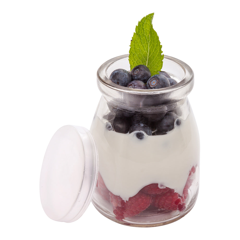 5 oz Round Nostalgic Milk and Yogurt Glass - with Plastic Lid - 2 1/2" x 2 1/2" x 3 1/4" - 100 count box