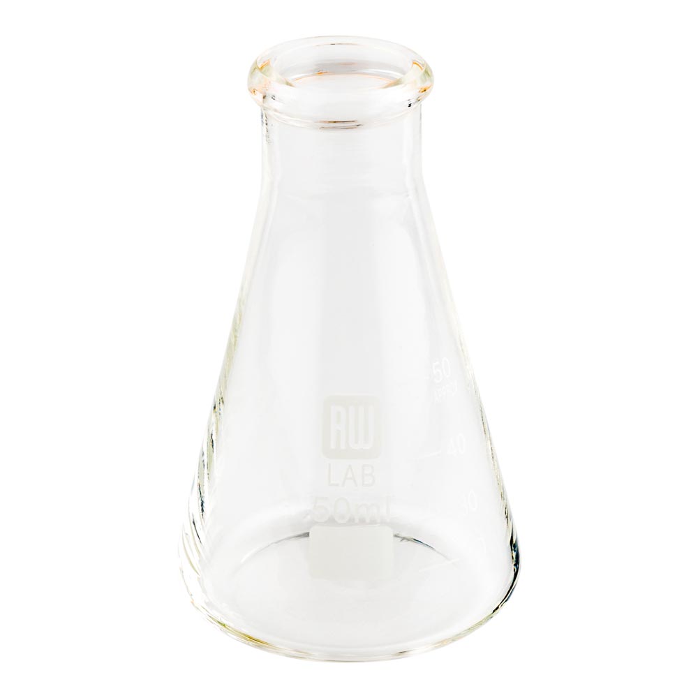 RW Lab 50 mL Glass Conical Flask - Borosilicate - 2" x 2" x 3 1/2" - 10 count box