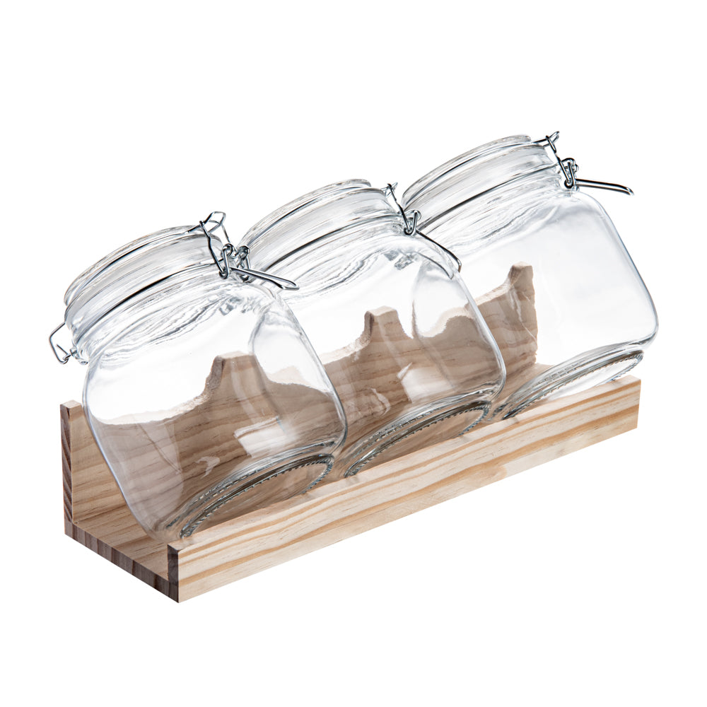 Vetri Glass 3-Piece Storage Jar Set - with Wood Holder - 1 count box