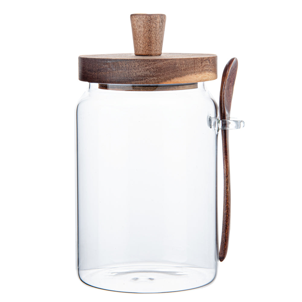 Vetri 29 oz Glass Storage Jar - with Acacia Lid and Spoon - 3 1/4" x 3 1/4" x 7 1/2" - 1 count box