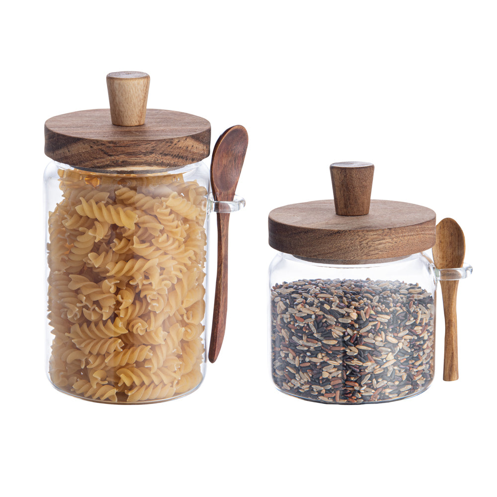 Vetri Glass 2-Piece Storage Jar Set - with Acacia Lid and Spoon - 8" x 8" x 7 1/2" - 1 count box