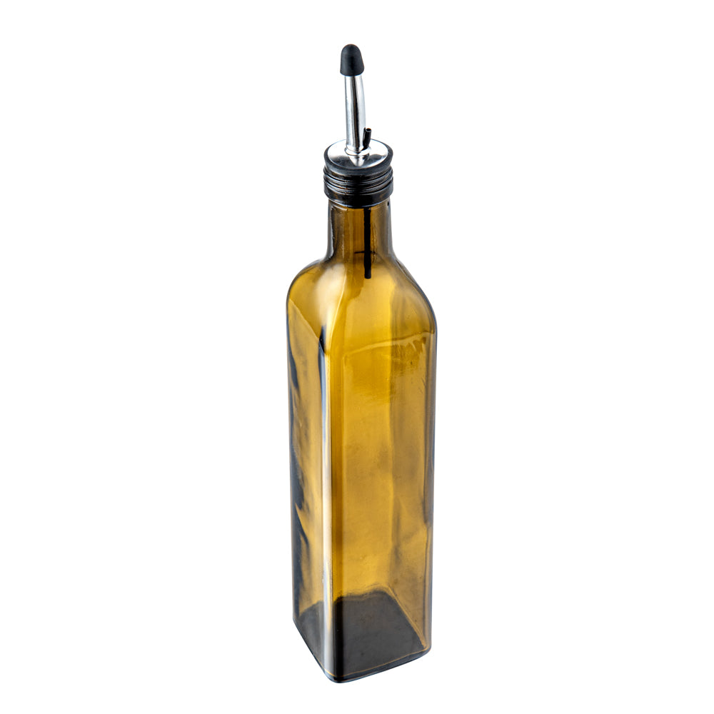 RW Base 17 oz Amber Glass Olive Oil Dispenser - with Stainless Steel Pourers - 3 1/4" x 3 1/4" x 12 1/4" - 1 count box