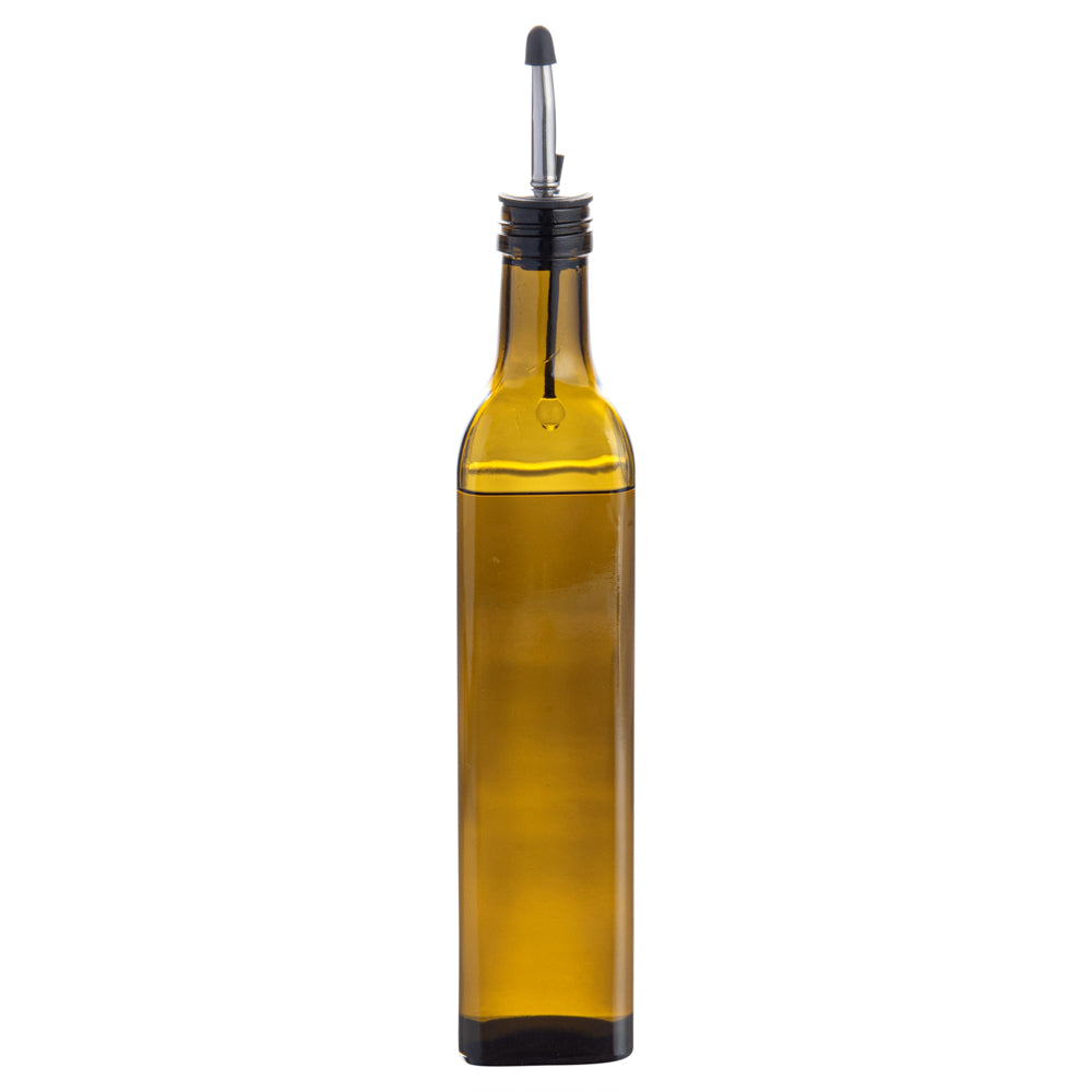 RW Base 17 oz Amber Glass Olive Oil Dispenser - with Stainless Steel Pourers - 3 1/4" x 3 1/4" x 12 1/4" - 1 count box