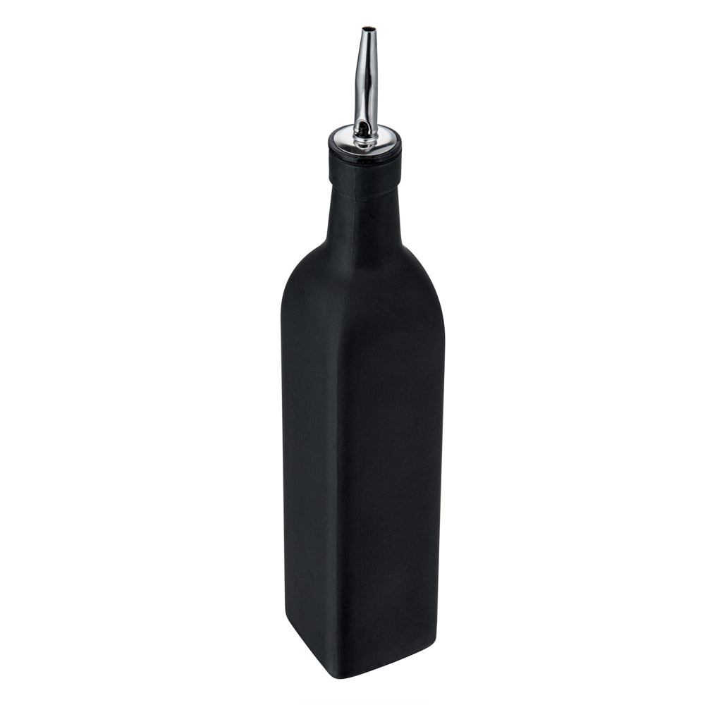 RW Base 17 oz Black Glass Olive Oil Dispenser - with Stainless Steel Pourer - 2 1/4" x 2 1/4" x 12 1/2" - 1 count box