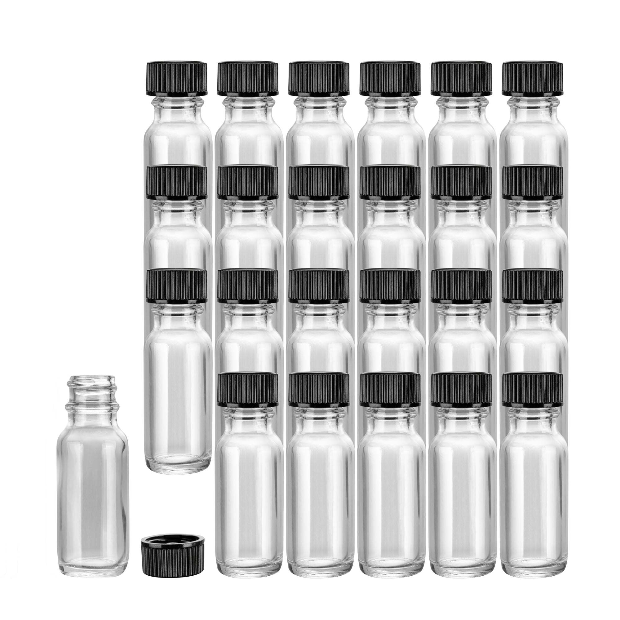 Vetri 0.5 oz Boston Round Clear Glass Bottle - with Black Phenolic Cap - 1" x 1" x 2 3/4" - 48 count box