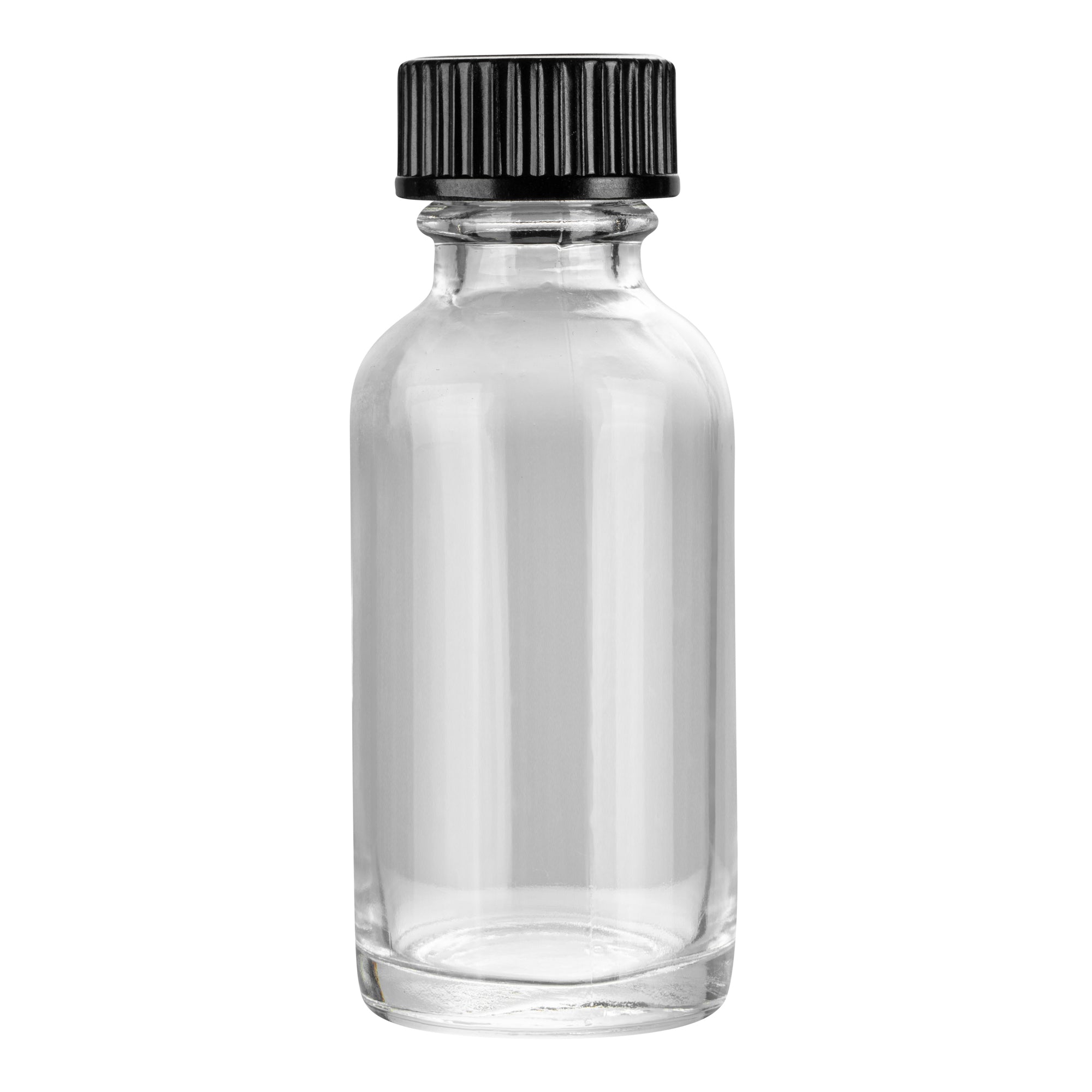 Vetri 1 oz Boston Round Clear Glass Bottle - with Black Phenolic Cap - 1 1/4" x 1 1/4" x 3" - 48 count box