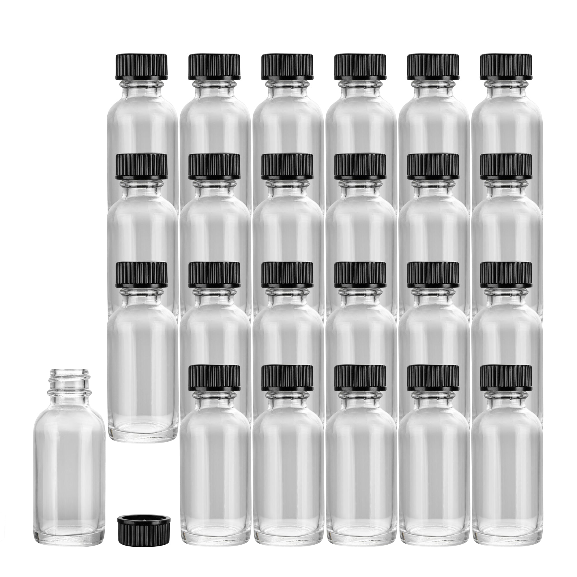 Vetri 1 oz Boston Round Clear Glass Bottle - with Black Phenolic Cap - 1 1/4" x 1 1/4" x 3" - 48 count box