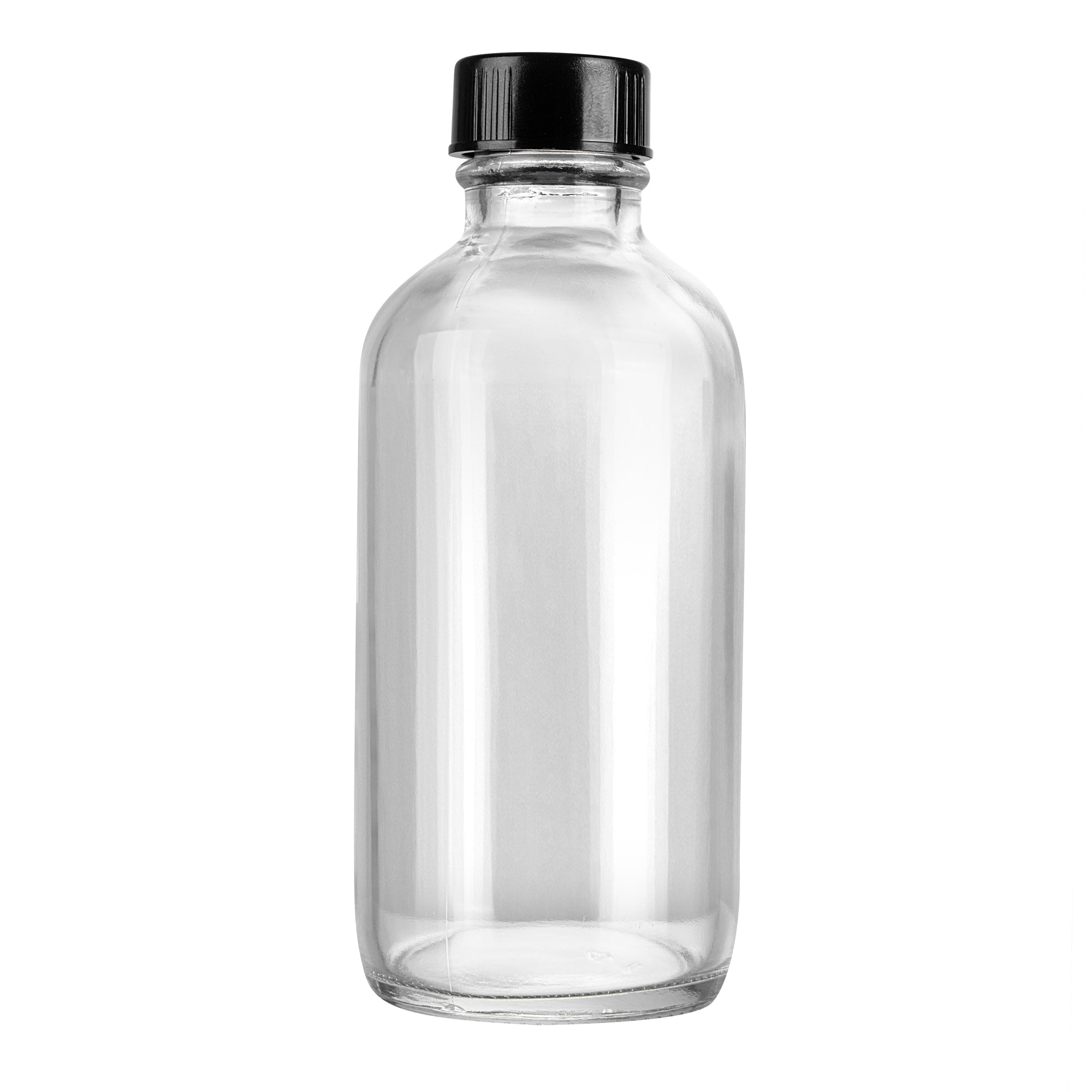 Vetri 4 oz Boston Round Clear Glass Bottle - with Black Phenolic Cap - 2" x 2" x 4 1/2" - 24 count box