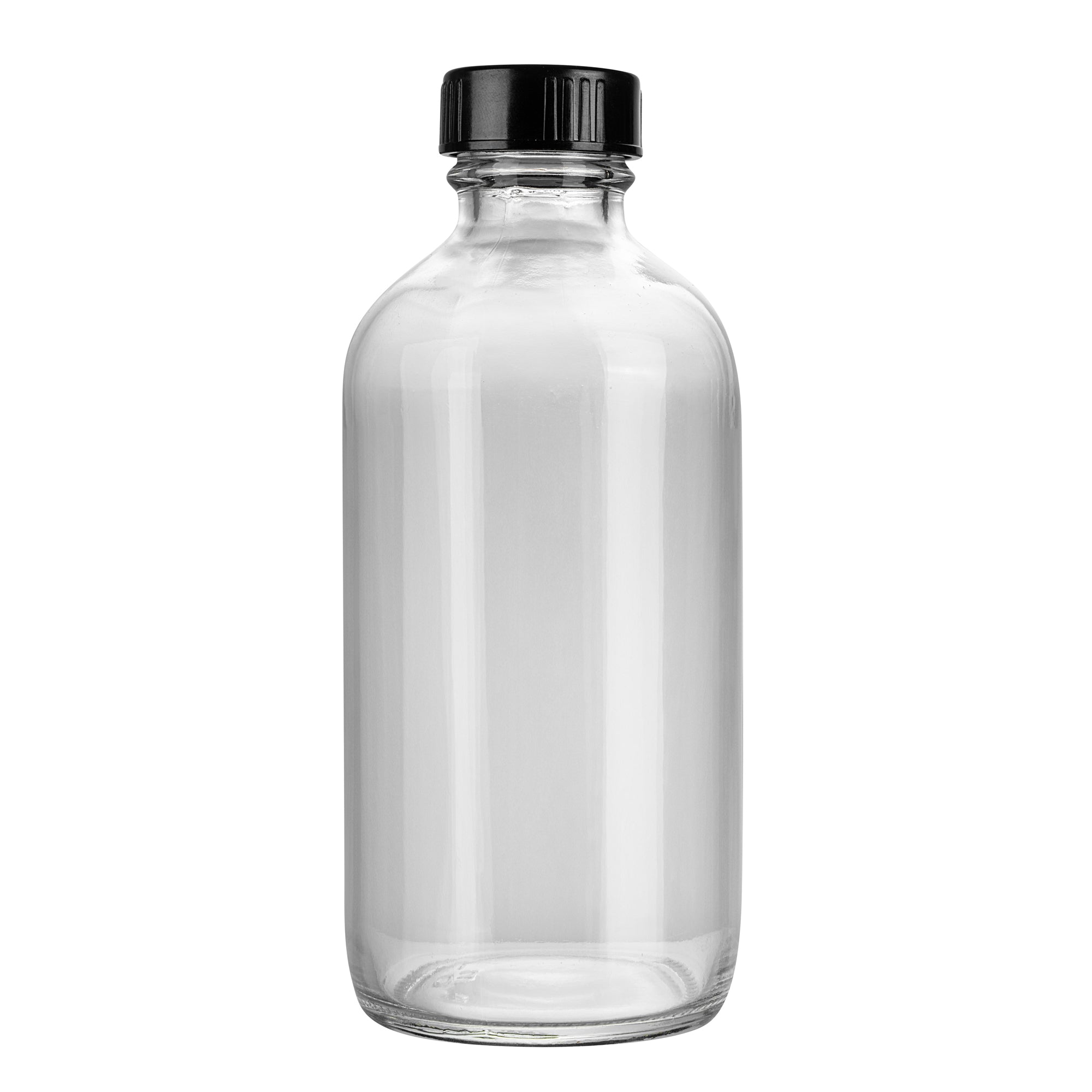 Vetri 8 oz Boston Round Clear Glass Bottle - with Black Phenolic Cap - 2 1/2" x 2 1/2" x 5 1/2" - 12 count box