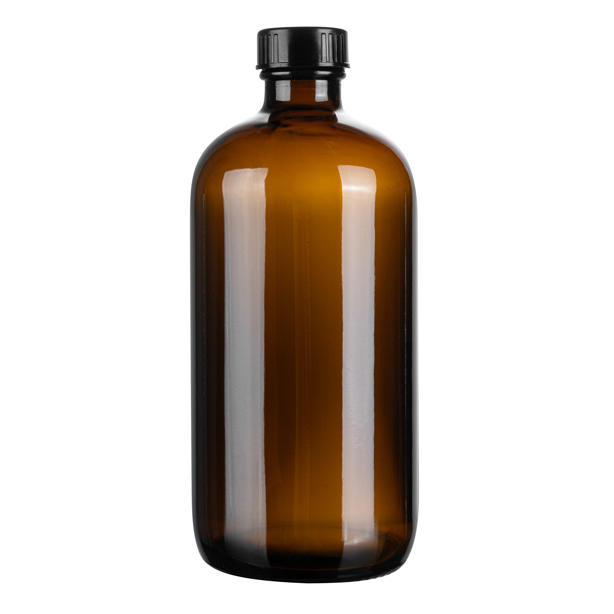 Vetri 16 oz Boston Round Amber Glass Bottle - with Black Phenolic Cap - 3" x 3" x 6 3/4" - 12 count box