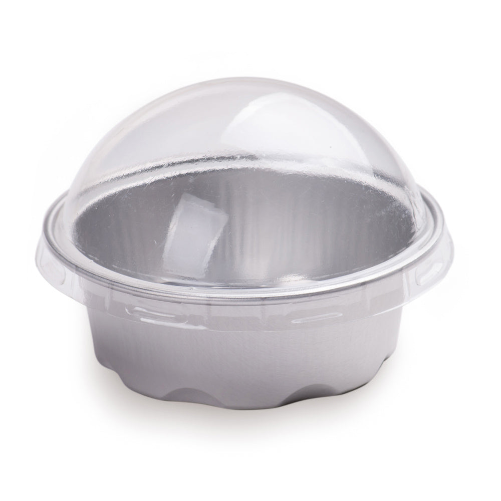 2 oz Round Silver Aluminum Baking Cup - with Plastic Dome Lid - 2 3/4" x 2 3/4" x 1" - 100 count box