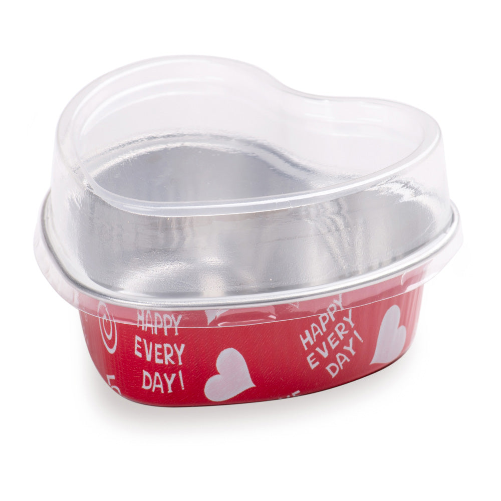 3 oz Heart Happy Hour Aluminum Baking Cup - with Plastic Dome Lid - 3 1/2" x 3 1/2" x 1 1/4" - 100 count box