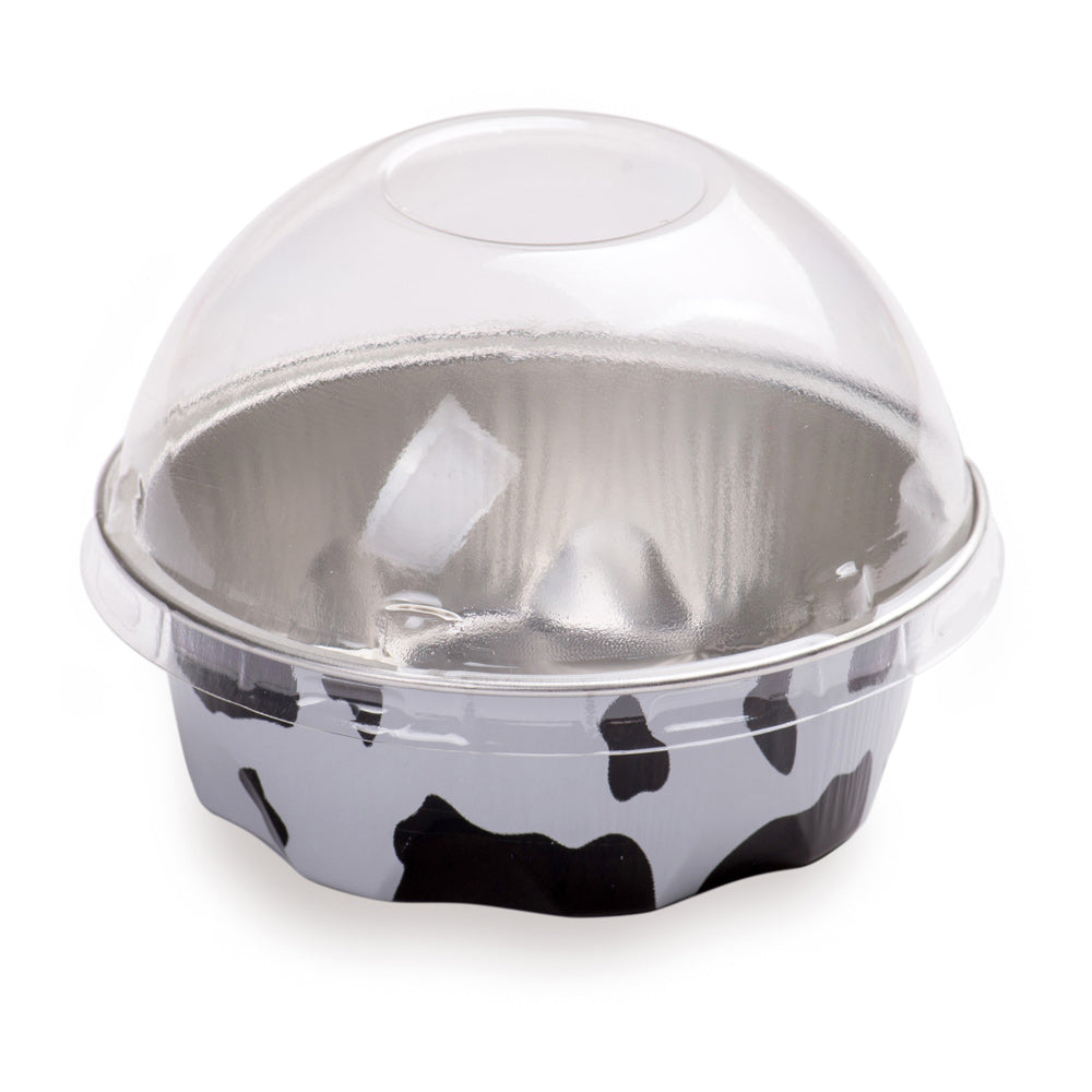 3 oz Round Cow Lines Aluminum Baking Cup - with Plastic Dome Lid - 3 1/4" x 3 1/4" x 1" - 100 count box