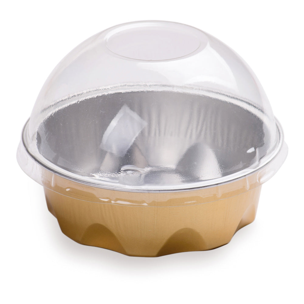 3 oz Round Gold Aluminum Baking Cup - with Plastic Dome Lid - 3 1/4" x 3 1/4" x 1" - 100 count box