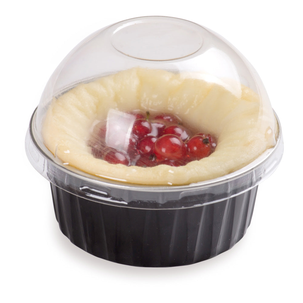 4 oz Round Black Aluminum Baking Cup - with Plastic Dome Lid - 3 1/4" x 3 1/4" x 1 1/2" - 100 count box