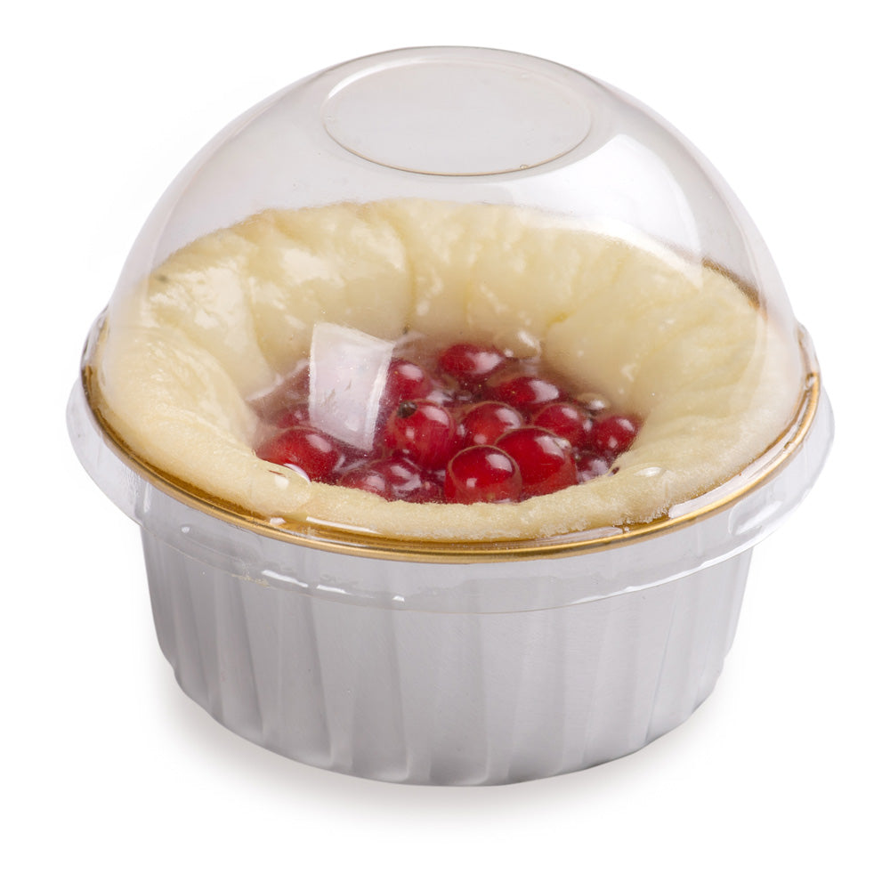 4 oz Round Silver Aluminum Baking Cup - Inner Gold, with Plastic Dome Lid - 3 1/4" x 3 1/4" x 1 1/2" - 100 count box