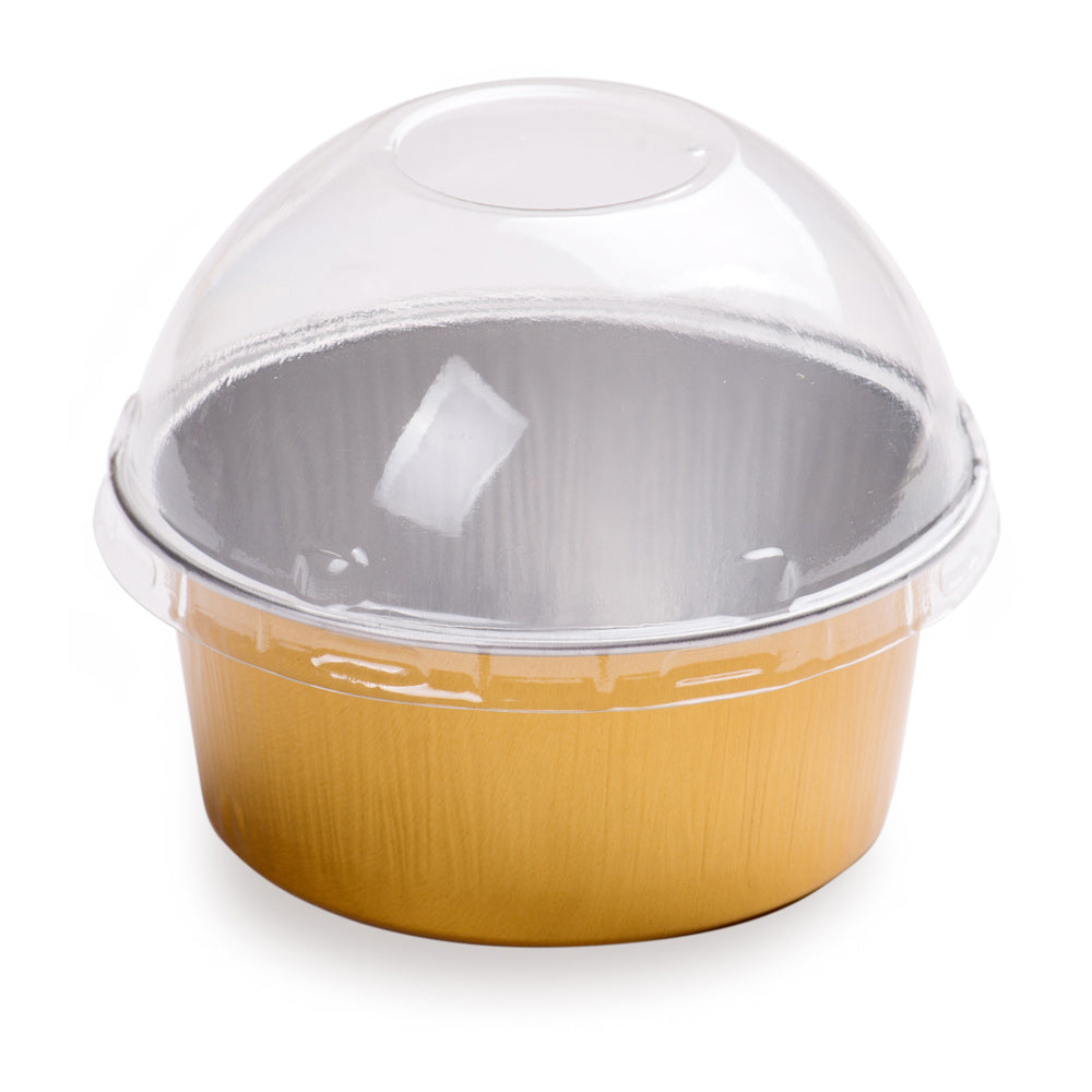 4 oz Round Gold Aluminum Baking Cup - with Plastic Dome Lid - 3 1/4" x 3 1/4" x 1 1/2" - 100 count box