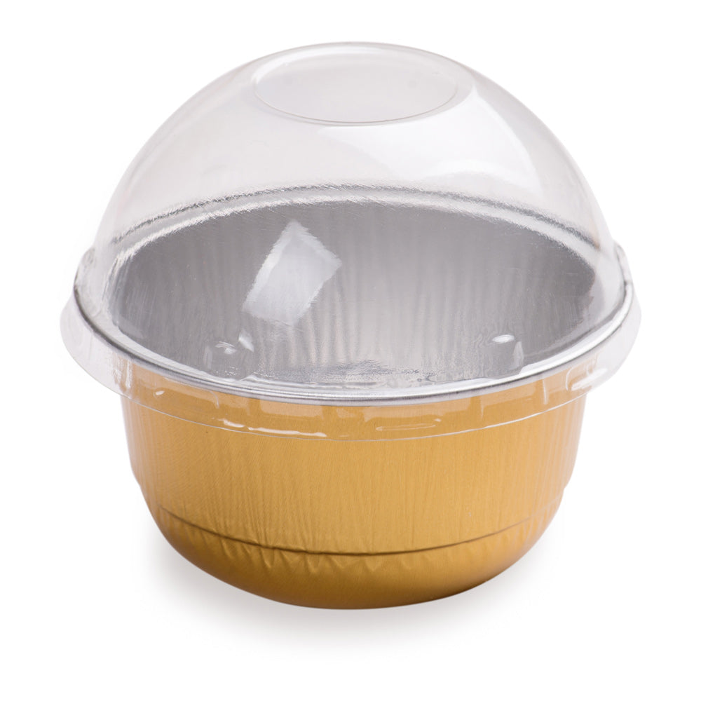 5 oz Round Gold Aluminum Baking Cup - with Plastic Dome Lid - 3 1/4" x 3 1/4" x 1 3/4" - 100 count box