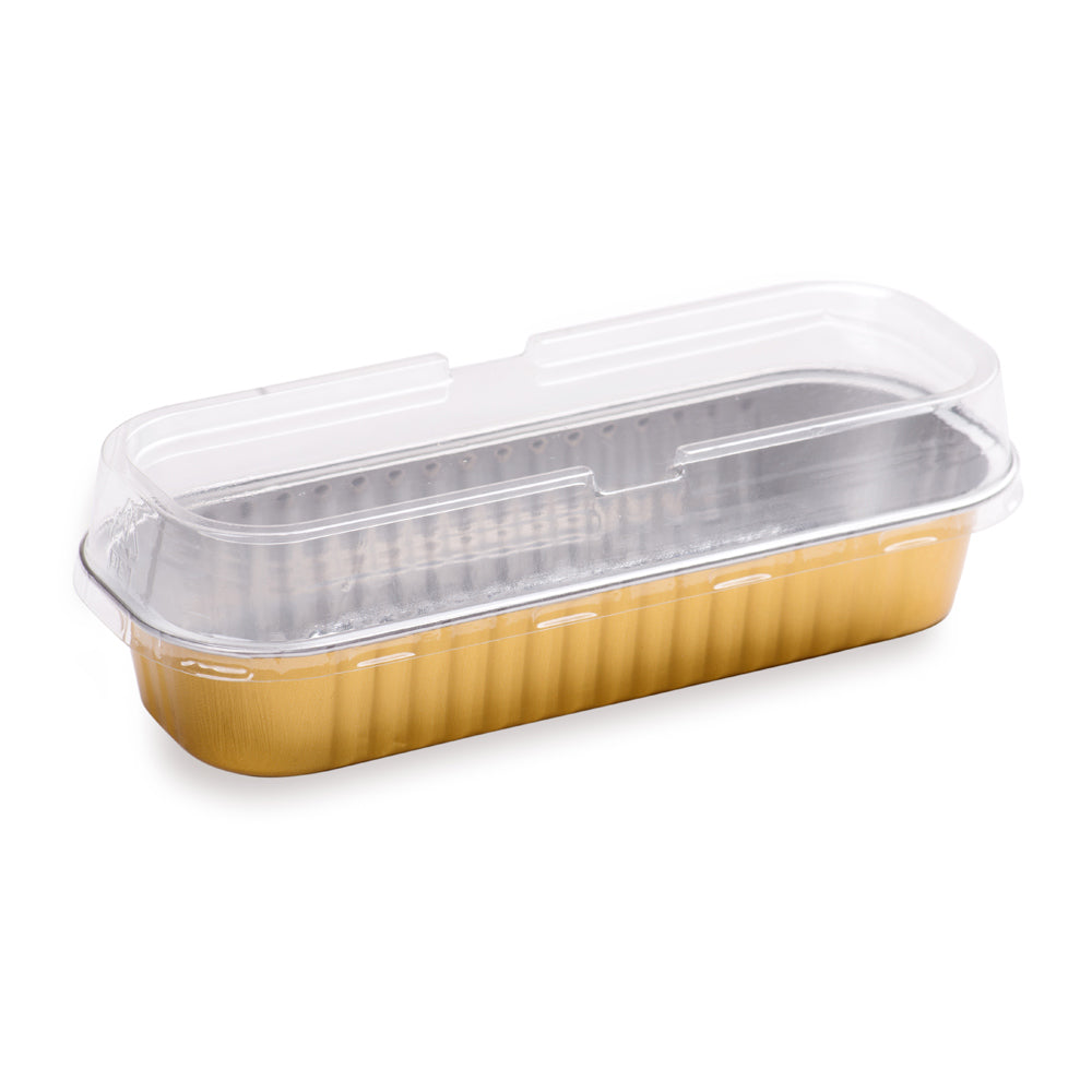 7 oz Rectangle Gold Aluminum Baking Loaf Pan - with Plastic Dome Lid - 6 1/2" x 2 1/2" x 1 1/4" - 100 count box