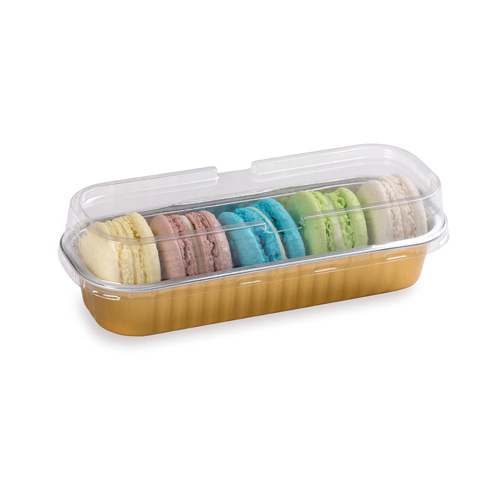 7 oz Rectangle Gold Aluminum Baking Loaf Pan - with Plastic Dome Lid - 6 1/2" x 2 1/2" x 1 1/4" - 100 count box