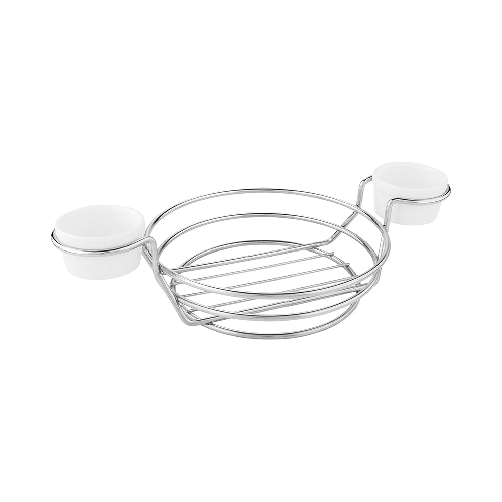 Round Silver Stainless Steel Duetto Appetizer and Chip Basket - Double Dipping Sauce Holder - 10 1/4" x 7" x 3" - 1 count box