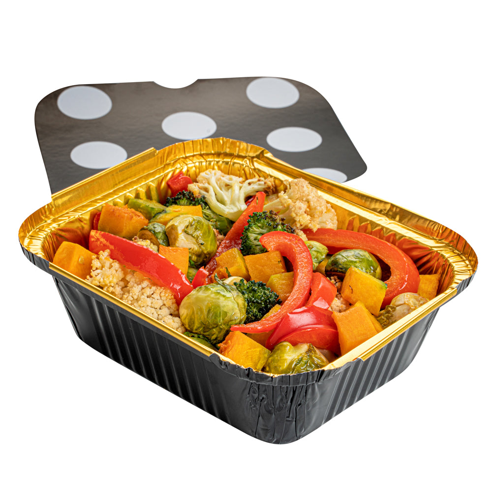 12 oz Rectangle Black and Gold Aluminum Take Out Container - with Polka Dot Paper Lid - 5 3/4" x 4 3/4" x 1 3/4" - 200 count box