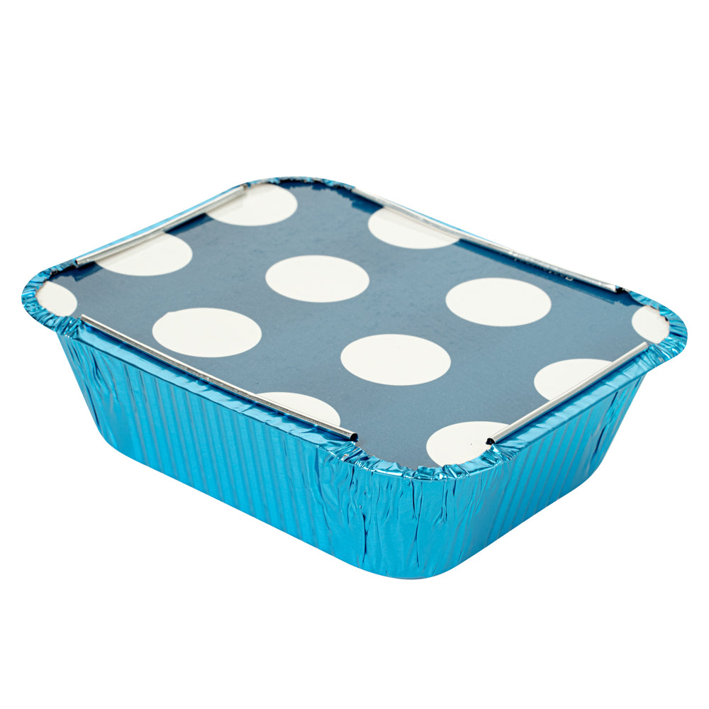 12 oz Rectangle Blue Aluminum Take Out Container - with Polka Dot Paper Lid - 5 3/4" x 4 3/4" x 1 3/4" - 200 count box