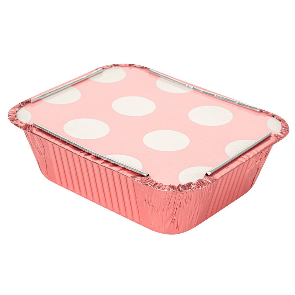 12 oz Rectangle Pink Aluminum Take Out Container - with Polka Dot Paper Lid - 5 3/4" x 4 3/4" x 1 3/4" - 200 count box