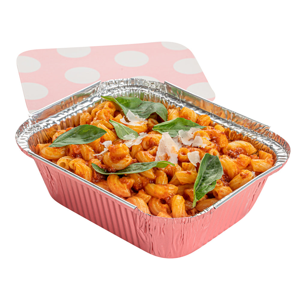 12 oz Rectangle Pink Aluminum Take Out Container - with Polka Dot Paper Lid - 5 3/4" x 4 3/4" x 1 3/4" - 200 count box