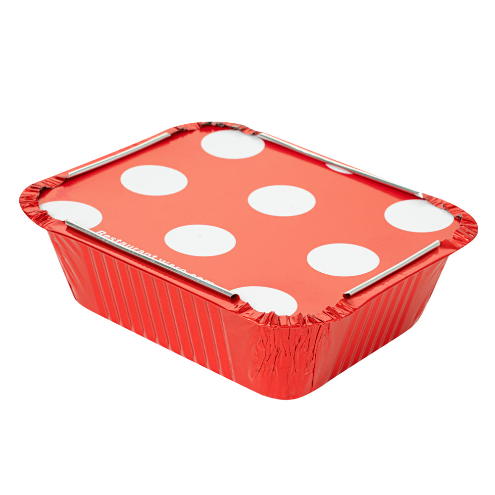 12 oz Rectangle Red Aluminum Take Out Container - with Polka Dot Paper Lid - 5 3/4" x 4 3/4" x 1 3/4" - 200 count box