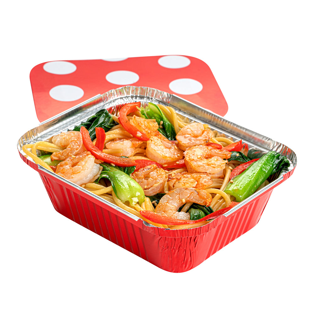 12 oz Rectangle Red Aluminum Take Out Container - with Polka Dot Paper Lid - 5 3/4" x 4 3/4" x 1 3/4" - 200 count box