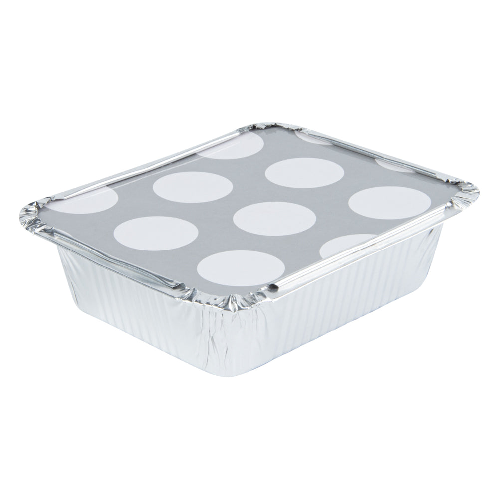 12 oz Rectangle Silver Aluminum Take Out Container - with Polka Dot Paper Lid - 5 3/4" x 4 3/4" x 1 3/4" - 200 count box