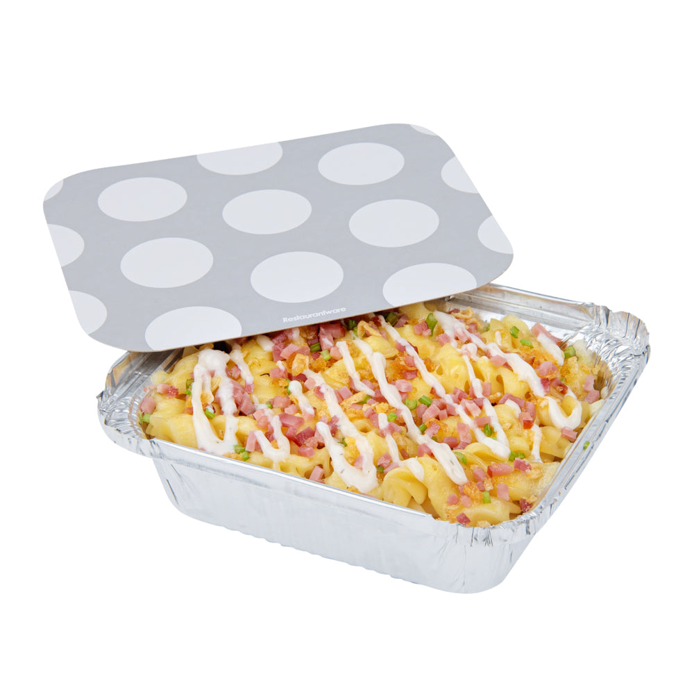 12 oz Rectangle Silver Aluminum Take Out Container - with Polka Dot Paper Lid - 5 3/4" x 4 3/4" x 1 3/4" - 200 count box